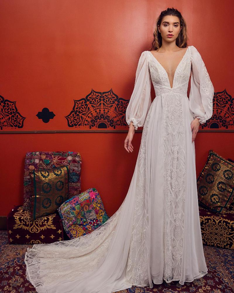 Lp2338 boho beach wedding dress with sleeves and lace3